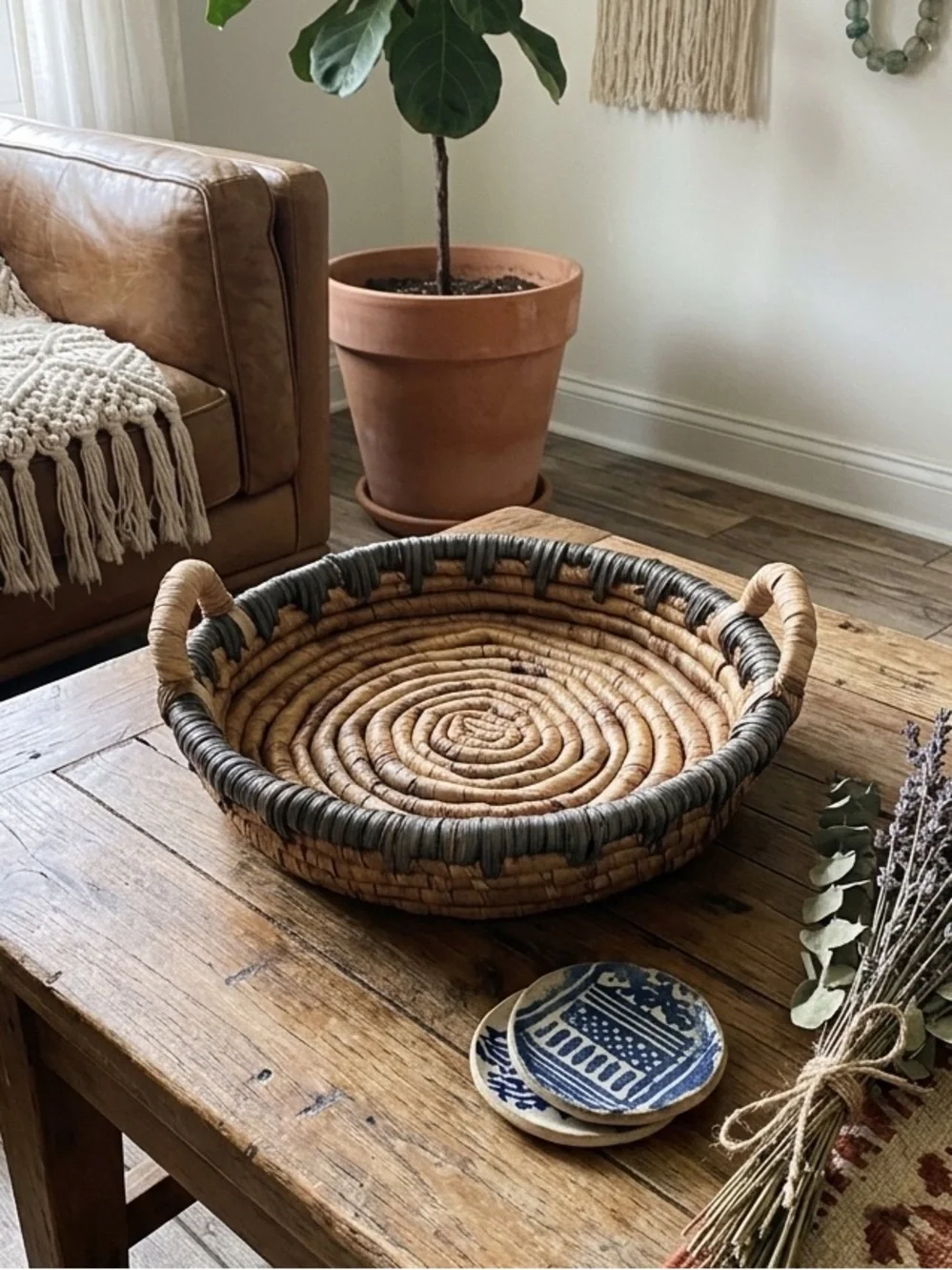 Vintage Handwoven Coiled Basket Tray with Handles – 14” Boho Decor Centerpiece